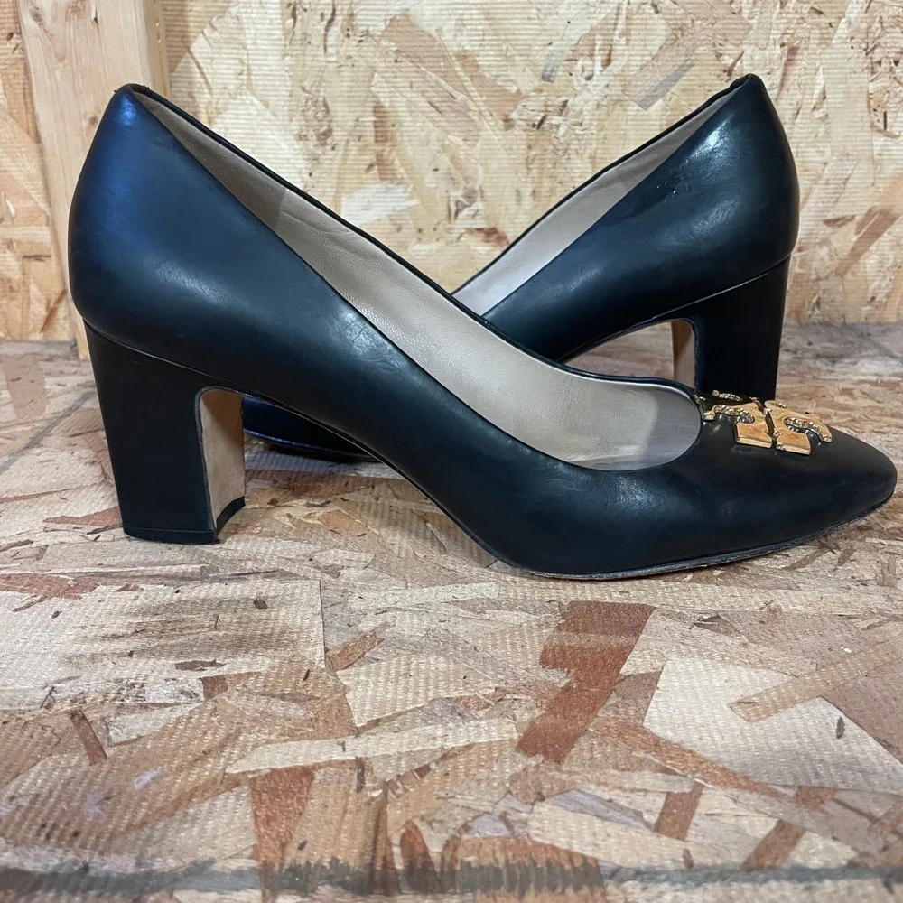 Tory Burch Block Heel Pumps Womens Size 9.5 Janey Black Gold Logo Leather Heels